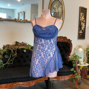 vintage Shirley of Hollywood Mesh Ruffle Lace Slip Dress lingerie Size S Blue
